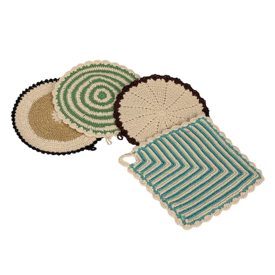 Hello Honey® 8" Multicolor Mixed Print Cotton Crocheted Pot Holder Set
